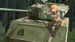  absurdres ahoge blonde_hair blue_eyes boots commentary_request female gloves highres long_hair m4_sherman midriff military military_vehicle motor_vehicle nanaya777 on_vehicle original photoshop_(medium) sitting tank turret uniform 