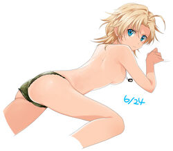  ahoge ass back bad_id bad_pixiv_id blonde_hair blue_eyes camouflage camouflage_panties daitabashi_kinu dated dog_tags female genderswap_(mtf) liquid_snake looking_at_viewer looking_back lying medium_hair metal_gear_(series) metal_gear_solid on_stomach panties rule_63 solo topless underwear underwear_only 