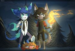  anthro clothed clothing duo felid fire forest fur hair hibarikatsuru horn male mammal outside plant smile standing tree 