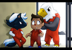  accipitrid accipitriform animal_crossing anthro apollo_(animal_crossing) avian bald_eagle bars bird black_bars eagle feathers group human joeadok kicks_(animal_crossing) letterbox male mammal mephitid nintendo prison prisoner sea_eagle skunk smile trio villager_(animal_crossing) 