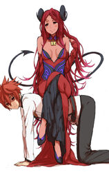  1boy all_fours bare_shoulders blush braid breasts cleavage commentary_request crossed_legs demon_girl demon_tail detached_collar female femdom folth fumitan_(humitan) horns human_chair human_furniture lock medium_breasts owner_(summon_night) red_eyes red_hair sitting sitting_on_person smile straight summon_night summon_night_5 tail 