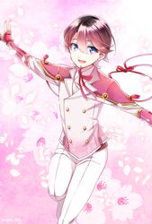  1boy alternate_color bad_id bad_pixiv_id black_hair blue_eyes cherry_blossoms horikawa_kunihiro kuroki_natsu male_focus military military_uniform open_mouth petals smile solo touken_ranbu uniform 