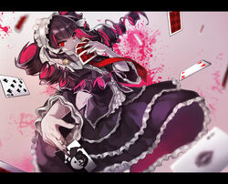  8c bad_id bad_pixiv_id bonnet card celestia_ludenberg claw_ring covering_own_mouth danganronpa:_trigger_happy_havoc danganronpa_(series) dress drill_hair female fingernails gothic_lolita letterboxed lolita_fashion long_hair nail_polish photoshop_(medium) playing_card red_eyes solo twin_drills 