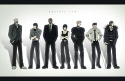  6+boys armor beard black_hair bob_cut bodysuit cane coat commentary_request copyright_name drivesuit facial_hair female formal ghost_in_the_shell_lineup glasses grin hannibal_chau herman_gottlieb jacket jewelry letterboxed lineup magehikari mako_mori moustache multiple_boys necklace necktie newton_geiszler pacific_rim parody photoshop_(medium) raleigh_becket short_hair smile stacker_pentecost suit tattoo tendo_choi 