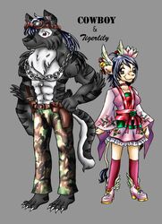  2012 anthro barefoot black_body black_fur black_nose blue_hair bottomwear breasts brown_body brown_fur camo canid canine canis chains claws clothed clothing cowboy_(character) duo english_text eyewear feet felid female flower footwear fur goggles grey_background grey_body grey_fur gun hair jewelry knife lion long_hair male mammal military_uniform muscular necklace nipples pantherine pants pink_nose plant ranged_weapon shoes simple_background size_difference skirt smile text tigerlily tigerlilylucky toe_claws topless uniform weapon white_body white_fur wolf 