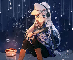  black_background black_pantyhose blue_eyes boots brown_footwear camouflage camouflage_jacket commentary earmuffs eating feet_out_of_frame female fish flat_cap grey_hair grill hammer_and_sickle hat hibiki_(kancolle) highres jacket kantai_collection kocona long_hair pantyhose photoshop_(medium) shichirin sitting snowflakes solo twitter_username verniy_(kancolle) verniy_(saury_festival)_(kancolle) white_hat 