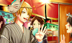  2boys animal animal_on_shoulder blonde_hair blush brown_hair cotton_candy earrings faceless faceless_female facial_mark female festival fox_mask green_eyes hachimaki headband japanese_clothes jewelry kimono leaf mask mask_on_head multiple_boys nejiri_hachimaki official_art senra_(utaite) tanuki tsukimori_fuyuka upper_body urashimasakatasen uratanuki utaite whisker_markings yamadanuki yellow_eyes yukata 