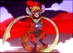  ailurid anthro cloud fan_character feathered_wings feathers featureless_crotch hibarikatsuru hybrid male mammal mouse murid murine red_panda rodent shaman_mouse smile solo teeth transformice wings 