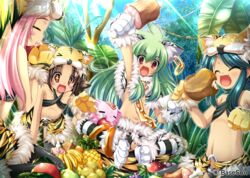  4girls animal_ears animal_hands anklet apple arm_up banana bikini bikini_top_only black_panties blue_hair blush_stickers boned_meat brown_hair cameltoe cat_ears chains closed_eyes earrings eating elephant fake_animal_ears food forest fruit gloves green_hair hat highres jewelry kneehighs koihime_musou kuwada_yuuki long_hair meat mike_(koihime_musou) moukaku multiple_girls musaceae nature navel oerba_yun_fang open_mouth outdoors panties paw_gloves paw_shoes pineapple pink_hair red_eyes shamu shoes sitting smile socks sparkling_eyes spread_legs swimsuit tail thighhighs tiger_ears tora_(koihime_musou) tree twintails underwear 