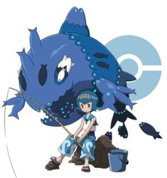  :o bad_id bad_pixiv_id black_one-piece_swimsuit blue_eyes blue_hair blue_pants bright_pupils bucket capri_pants collarbone crop_top female fingernails fish fishing fishing_rod flat_chest flipped_hair full_body hair_between_eyes hairband highres holding holding_fishing_rod lana_(pokemon) official_style one-piece_swimsuit open_mouth pants poke_ball pokemon pokemon_(creature) pokemon_sm ribbon_trim rock sailor_collar sandals shirt short_hair simple_background sitting sleeveless sleeveless_shirt swimsuit swimsuit_under_clothes tareme tellzeta toenails white_background white_shirt wishiwashi wishiwashi_(school) yellow_hairband 