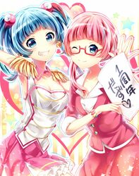  2girls ;) blue_eyes blue_hair blush bracelet breasts cleavage commentary epaulettes glasses hair_bobbles hair_ornament highres jewelry large_breasts looking_at_viewer medium_hair miniskirt multicolored_hair multiple_girls nanasaki_nicole ntk_(7t5) one_eye_closed open_mouth paper pink_hair pink_skirt rokusaki_coney semi-rimless_eyewear skirt smile teeth tokyo_7th_sisters translation_request twintails two-tone_hair voice_actor_connection 