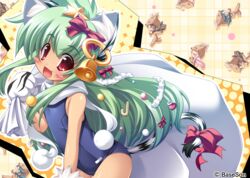  4girls animal_ears animal_hands bell blush_stickers cat_ears chibi christmas earrings gloves green_hair hair_ornament highres jewelry koihime_musou kuwada_yuuki long_hair mike_(koihime_musou) moukaku multiple_girls oerba_yun_fang one-piece_swimsuit paw_gloves red_eyes sack school_swimsuit shamu smile swimsuit tail tora_(koihime_musou) white_gloves 