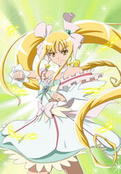  arm_warmers bare_shoulders blonde_hair bow brown_eyes commentary_request creature cure_echo dress earrings female fingerless_gloves fuu-chan_(precure) gloves hair_ornament hair_ribbon hairpin heart jewelry long_hair looking_at_viewer magical_girl moritakusan precure precure_all_stars_new_stage:_mirai_no_tomodachi ribbon sakagami_ayumi serious solo twintails very_long_hair waist_bow white_dress wrist_cuffs 