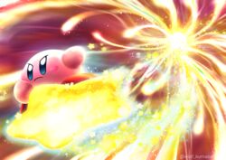  &gt;:( blue_eyes blush_stickers chasing commentary_request fleeing flying galeem highres kirby kirby_(series) kumaoka_pon light light_trail orb serious sparkle star_(symbol) super_smash_bros. twitter_username v-shaped_eyebrows warp_star 