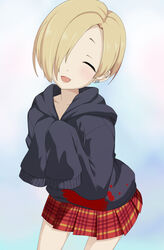  bad_id bad_pixiv_id blonde_hair blush brown_eyes closed_eyes earrings facing_viewer female hair_over_one_eye highres hood hood_down hoodie idolmaster idolmaster_cinderella_girls jewelry miyamae_(miyazen9311) open_mouth photoshop_(medium) shirasaka_koume short_hair skirt sleeves_past_fingers sleeves_past_wrists smile solo 