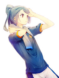  aqua_hair arm_up banned_artist blue_shirt brown_eyes crest hand_in_hair hand_on_own_head hand_on_own_neck highres inazuma_eleven inazuma_eleven_(series) kazemaru_ichirouta long_hair looking_to_the_side male_focus ponytail sayori_(oskn) shirt short_sleeves shorts simple_background solo sweatdrop t-shirt towel towel_around_neck 