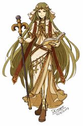  absurdres adapted_costume artist_name book choker commentary_request dc9spot female fire_emblem green_eyes green_hair highres holding holding_staff jewelry kid_icarus kid_icarus_uprising long_hair looking_at_viewer necklace palutena parody robe solo staff thighhighs veil 