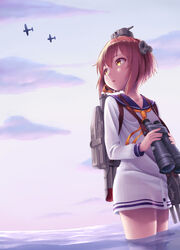  aircraft airplane binoculars brown_eyes brown_hair commentary_request dress female hair_ornament hane_yoshiyumi headgear highres kantai_collection long_sleeves neckerchief outdoors sailor_collar sailor_dress short_dress short_hair sky solo turret wading yukikaze_(kancolle) 