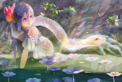  all_fours bare_shoulders blurry commentary_request dress fantasy female flower hair_flower hair_ornament highres hogecomhoge light light_particles light_rays long_hair looking_back looking_up original partially_submerged photoshop_(medium) pink_eyes purple_hair snake solo water white_dress 