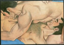  2boys 69 absurdres bara completely_nude couple facial_hair foreplay from_side hairy highres kissing_stomach large_pectorals magazine_scan male_focus mature_male medium_sideburns multiple_boys muscular muscular_male nude original out-of-frame_censoring pectorals photo_(medium) profile scan short_hair sideburns_stubble stubble thick_arm_hair thick_chest_hair thick_eyebrows toyama_minoru yaoi 