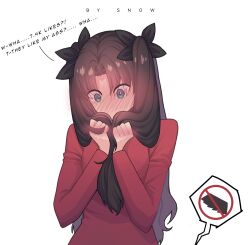  black_ribbon blue_eyes blush brown_hair commentary covering_own_mouth embarrassed english_commentary english_text fate/stay_night fate_(series) female full-face_blush hair_ribbon hands_up highres holding holding_own_hair long_hair long_sleeves parted_bangs red_sweater ribbon shirt solo suhyeon surprised sweat sweater talking tohsaka_rin two_side_up upper_body white_background 