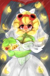  baby bare_shoulders big_breasts breasts cleavage crying cute eyebrows eyelashes female flower flower_petals green_body green_scales green_skin holding huge_breasts large_breasts open_mouth petals plant plant_girl plant_humanoid plantie plants_vs_zombies rain solar_flare_(pvz) wedding_dress 