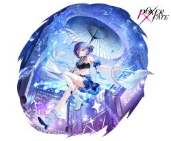  absurdres ahoge blue_ribbon blue_skirt boots braid breasts character_name commentary_request concert copyright_logo copyright_name detached_sleeves falling_shards female full_body game_asset glass_shards guzangnanfeng highres holding holding_umbrella huge_ahoge logo looking_at_viewer medium_breasts midair multicolored_hair official_alternate_costume parasol poker_fate purple_eyes purple_hair ribbon screen_zoom see-through_cleavage see-through_clothes single_braid single_thighhigh skirt solo stage stage_lights streaked_hair suzukaze_kaoru suzukaze_kaoru_(oath) thighhighs umbrella white_background white_boots white_sleeves white_streaks white_thighhighs 