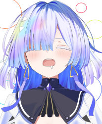  blush closed_eyes colored_eyelashes commentary_request dress earrings female garaudon gradient_clothes gradient_dress grey_hair hair_intakes hair_over_one_eye jewelry mornye_(wuthering_waves) open_mouth partial_commentary purple_dress saliva space teeth upper_teeth_only white_hair wuthering_waves 