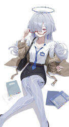  absurdres black_skirt blue_necktie collared_shirt colored_eyelashes duplicate earrings female glasses gradient_clothes hair_intakes hair_over_one_eye halo highres holographic_interface id_card jacket jewelry llami_0 long_hair mornye_(wuthering_waves) necktie pencil_skirt pixel-perfect_duplicate red_eyes see-through_body shirt skirt triangle_earrings white_shirt wuthering_waves 