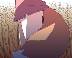  check_clothing clothing_request english_commentary female highres holo lower_body no_panties orenjipiiru outdoors skort solo spice_and_wolf tail thigh_focus wheat wheat_field wolf_girl wolf_tail 