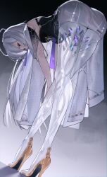  absurdres ass bent_over black_dress breasts colored_eyelashes commentary dress female from_behind gradient_clothes gradient_dress grey_dress grey_hair halo high_heels highres long_hair looking_at_viewer looking_back lufi_ays medium_breasts mornye_(wuthering_waves) red_eyes see-through_body solo standing symbol-only_commentary tacet_mark_(wuthering_waves) thighs very_long_hair wuthering_waves 