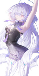  absurdres armpits arms_up breasts closed_mouth colored_eyelashes commentary cowboy_shot dress female grey_hair hair_ornament hair_over_one_eye halo highres long_hair looking_at_viewer lorikaruu medium_breasts mornye_(wuthering_waves) no_jacket purple_dress red_eyes simple_background solo very_long_hair white_background wuthering_waves 