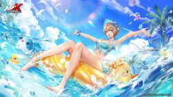  arai_motoha artist_request barefoot bird blonde_hair blue_eyes blue_sky breasts cloud copyright_name day duck_innertube female hair_between_eyes highres innertube looking_at_viewer medium_breasts navel official_alternate_costume official_art open_mouth outdoors palm_tree persona persona_5 persona_5:_the_phantom_x rubber_duck seagull short_hair sitting sky smile solo stomach sunlight swim_ring swimsuit third-party_source tree water 