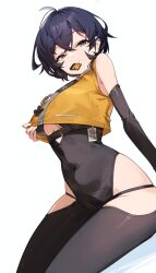  absurdres alternate_costume aqua_eyes bare_shoulders belle_(zenless_zone_zero) black_bodysuit blue_hair bodysuit breasts check_clothing closed_mouth clothing_request commentary_request covered_navel ear_piercing female goomrrat hair_between_eyes highres hip_vent jacket large_breasts looking_at_viewer mouth_hold piercing short_hair simple_background smile solo white_background yellow_jacket zenless_zone_zero 