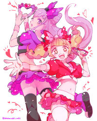  2girls aisaki_emiru atari_(atamawaki_waki) back-to-back black_thighhighs blunt_bangs bow bright_pupils brown_eyes brown_hair censored cone_hair_bun cropped_shirt dot_nose double_bun earrings floating_hair foot_out_of_frame frilled_skirt frills from_behind hair_bun hair_ornament hairbow happy heart heart_earrings height_difference highres holding_tambourine hood hood_down hooded_shirt hugtto!_precure instrument jewelry leg_up light_blush light_particles long_hair looking_at_viewer low-tied_long_hair low_ponytail midriff miniskirt multiple_girls music navel notice_lines open_mouth pink_bow playing_instrument pom_pom_(clothes) pom_pom_hair_ornament ponytail precure puffy_short_sleeves puffy_sleeves purple_bow purple_eyes purple_hair purple_shirt purple_skirt red_bow red_shirt red_shoes red_skirt ruru_amour shirt shoes short_hair short_sleeves short_twintails simple_background skirt skirt_set smile sparkling_eyes tareme teeth thighhighs twintails twitter_username two-tone_bow upper_teeth_only upskirt white_background white_pupils white_thighhighs wristband 