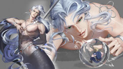  2boys blonde_hair bubble buster_sword cloud_strife english_commentary english_text final_fantasy final_fantasy_vii fins giant giant_male green_eyes grey_hair highres in_bubble jeriafterdark long_hair looking_at_another male_focus merman mini_person miniboy monster_boy monsterification multiple_boys nipples pants pectorals pointy_ears scales sephiroth short_hair silver_bangle size_difference slit_pupils smile staff toned toned_male topless_male watermark yaoi 
