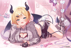  :d black_horns black_shorts blonde_hair bra bra_peek breast_tattoo breasts cleavage cleavage_cutout clothing_cutout commentary_request copyright_notice cropped_hoodie demon_girl demon_horns demon_tail demon_wings dolphin_shorts female full_body garter_straps gradient_hair green_eyes grey_hoodie grey_leg_warmers hair_ornament hairclip heart_cutout highres hip_vent hololive hood hoodie horns indoors large_breasts leg_warmers looking_at_viewer midriff multicolored_hair official_alternate_costume official_alternate_hairstyle official_art on_bed open_mouth pink_hair pointy_ears purple_bra satoupote short_hair short_shorts shorts single_garter_strap smile solo swept_bangs tail tail_around_own_leg tattoo thigh_strap underwear virtual_youtuber winged_heart_tattoo wings yuzuki_choco yuzuki_choco_(9th_costume) 