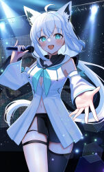  absurdres ahoge animal_ear_fluff animal_ears black_bow black_shorts black_thighhighs blue_neckerchief blush bow braid commentary_request detached_sleeves earrings extra_ears female fox_ears fox_girl fox_tail green_eyes hair_between_eyes hairbow highres holding holding_microphone hololive hood hoodie jewelry katouomochi light_particles long_hair looking_at_viewer microphone midriff navel neckerchief open_mouth outstretched_arm shirakami_fubuki shirakami_fubuki_(1st_costume) short_shorts shorts sidelocks single_braid single_thighhigh solo stage tail thigh_strap thighhighs virtual_youtuber white_hair white_hoodie 