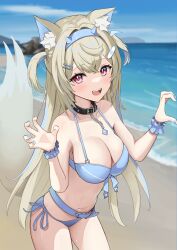  alternate_costume animal_ear_fluff animal_ears bandaid bandaid_hair_ornament bare_shoulders beach belt bikini blonde_hair blue_belt blue_bikini blue_hair blue_nails blue_scrunchie blue_sky blush breasts claw_pose cleavage collarbone dog_ears dog_girl dog_tail female front-tie_bikini_top front-tie_top fuwawa_abyssgard hair_ornament hairclip heart heart_hands heart_hands_duo highres hololive hololive_english horn_hairband large_breasts long_hair looking_at_viewer multicolored_hair navel open_mouth parallel_hairclips pink_eyes scrunchie siblings side-tie_bikini_bottom sisters sky smile solo stomach swimsuit taachika tail virtual_youtuber wrist_scrunchie x_hair_ornament 