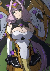  absurdres aoi_tabane azarin_(kouyoku_senki_exs-tia) black_gloves breasts cleavage cleavage_cutout clothing_cutout cosplay covered_navel elbow_gloves exs-tia_magica female gloves hair_intakes head_tilt headgear highres kouyoku_senki_exs-tia large_breasts long_hair looking_at_viewer magical_girl mechanical_wings purple_hair skirt solo very_long_hair wings yellow_eyes 