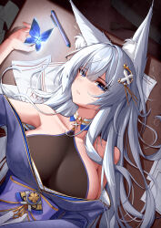  absurdres animal_ear_fluff azur_lane bare_shoulders blue_butterfly blue_eyes breasts bug butterfly cleavage closed_mouth collarbone female grey_hair highres large_breasts long_hair looking_at_viewer lying on_back shinano_(azur_lane) solo youten_yy 