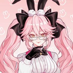  animal_ear_fluff animal_ears black_bow black_bowtie black_gloves black_ribbon bow bowtie closed_mouth commentary fate/grand_order fate_(series) female glasses gloves hair_between_eyes hair_ribbon koyanskaya_(assassin)_(second_ascension)_(fate) koyanskaya_(fate) long_hair long_sleeves looking_at_viewer looking_over_eyewear pink_background pink_hair rabbit_background rabbit_ears ribbon shirt smile solo symbol-only_commentary tamamo_(fate) twintails user_sppt4433 white_shirt yellow_eyes 