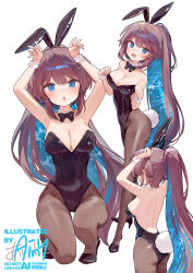  ainy animal_ear_hairband animal_ears artist_name black_bow black_bowtie black_leotard black_pantyhose black_shoes blue_eyes bow bowtie breasts brown_hair colored_inner_hair detached_collar fake_animal_ears female full_body hairband high_heels highres leotard medium_breasts multicolored_hair multiple_views original pantyhose patterned_hair playboy_bunny ponytail rabbit_ear_hairband rabbit_ears rabbit_pose rabbit_tail shoes sideboob strapless strapless_leotard tail white_wrist_cuffs wrist_cuffs 