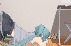  aqua_hair black_skirt cellphone commentary female grey_shirt hatsune_miku highres holding holding_phone indoors kasane_teto long_hair miniskirt on_floor phone pocche-ex shirt skirt sleeveless sleeveless_shirt smartphone solo top-down_bottom-up twintails very_long_hair vocaloid watching 