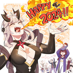  2024 ^_^ absurdres artist_name baby bare_shoulders belt belt_buckle breath_weapon breathing_fire brown_hair buckle character_request cleavage_cutout closed_eyes clothing_cutout color-les copyright_name detached_sleeves dragon dragon_girl dragon_horns dragon_tail dress english_commentary fingernails fire highres horns lolicon long_hair mage_and_demon_queen malori_crowett mother_and_son multiple_boys multiple_girls oerba_yun_fang orange_background pale_skin pointy_ears red_dress red_nails scar scar_on_chest sharp_fingernails sharp_teeth single_horn tail teeth v-shaped_eyebrows velverosa white_hair 