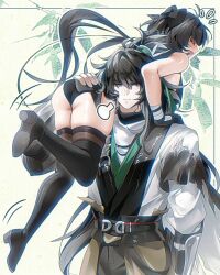  1boy ass bare_shoulders black_boots black_bow black_gloves black_pants black_thighhighs blush boots bow carrying_over_shoulder chinese_clothes closed_eyes closed_mouth commentary female female_rover_(wuthering_waves) gloves hairbow highres long_hair low_ponytail open_mouth pants ponytail qiuyuan_(wuthering_waves) rourou_(been) rover_(wuthering_waves) thigh_boots thighhighs thighs very_long_hair wuthering_waves 