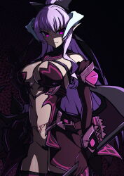  absurdres aoi_tabane black_bow bow breasts cleavage corruption dark_persona date_a_live demon_girl demon_horns demon_tail demon_wings elbow_gloves evil_smile female gloves glowing glowing_eyes grin hairbow highres holding horns kouyoku_senki_exs-tia large_breasts lilistia long_hair looking_at_viewer low_wings navel pointy_ears ponytail pubic_tattoo purple_eyes purple_hair revealing_clothes ribbon rieszverne_suzette_paladill shaded_face smile solo stomach_tattoo tail tattoo thighhighs very_long_hair weapon wings yatogami_tenka 