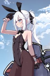  absurdres animal_ears arm_behind_back arm_cuffs arm_shield arm_up bare_shoulders black_bow black_bowtie black_gloves black_leotard black_ribbon blue_eyes blush bow bowtie breasts cowboy_shot detached_collar fake_animal_ears fake_tail female from_side gloves hair_ribbon hairband highleg highleg_leotard highres holding holding_weapon kimhiro leotard long_hair original outdoors pantyhose playboy_bunny ponytail rabbit_ears rabbit_tail ribbon shield sky small_breasts solo standing strapless strapless_leotard sweat sword tail weapon wrist_cuffs 