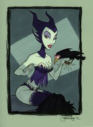  1girls 2007 bird black_bra black_panties bra breasts clothes color colored diablo_the_raven disney disney_villains female female_only green_skin justin_ridge looking_at_viewer maleficent panties raven_(bird) sleeping_beauty_(1959_film) solo underwear witch 