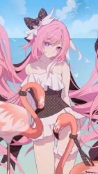  absurdres ai_dongdong alternate_costume bare_shoulders black_bow blue_sky bow breasts closed_mouth collarbone day diamond-shaped_pupils diamond_(shape) elysia_(herrscher_of_human:_ego)_(honkai_impact) elysia_(honkai_impact) female frilled_thigh_strap hair_ornament hairbow highres honkai_(series) honkai_impact_3rd long_hair looking_at_viewer medium_breasts missing_commentary ocean outdoors pink_hair polka_dot polka_dot_bow purple_eyes sky smile solo swimsuit symbol-shaped_pupils thigh_strap thighs very_long_hair 